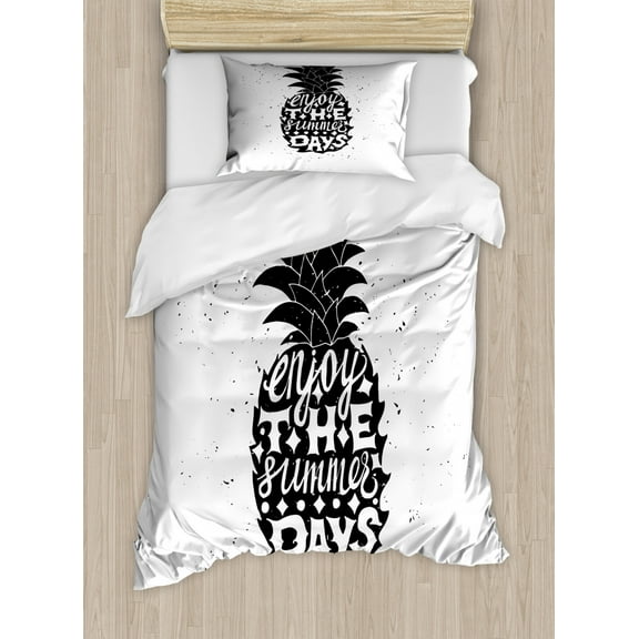 Tropical Duvet Cover Set Twin Size, Motivational Slogan on a Exotic Pineapple Indigenous Hawaiian Fruit Pattern, Decorative 2 Piece Bedding Set with 1 Pillow Sham, Black White, by Ambesonne