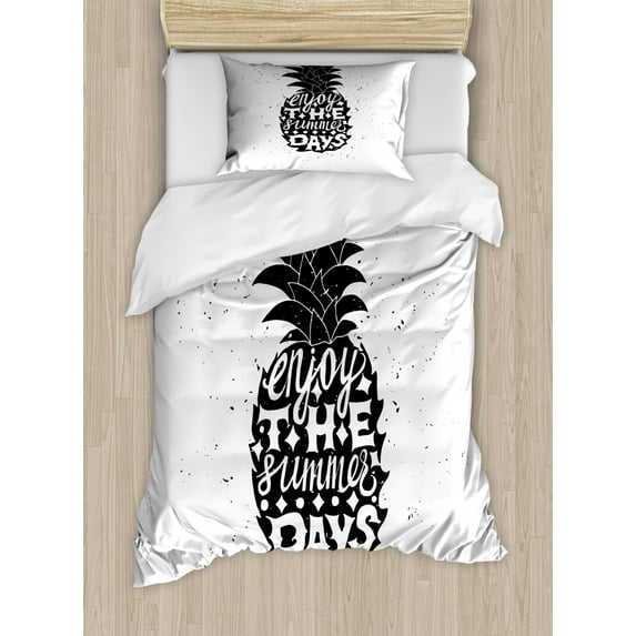 Tropical Duvet Cover Set Twin Size, Motivational Slogan on a Exotic Pineapple Indigenous Hawaiian Fruit Pattern, Decorative 2 Piece Bedding Set with 1 Pillow Sham, Black White, by Ambesonne