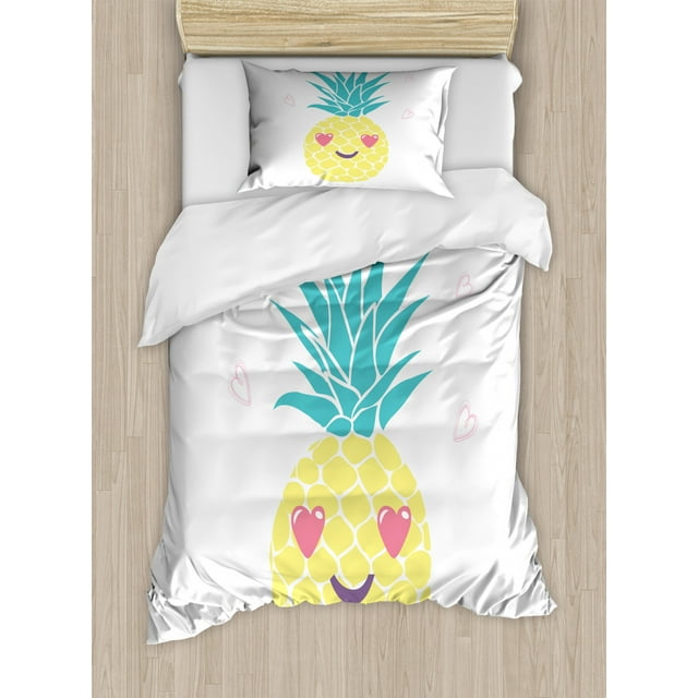 Tropical Duvet Cover Set Twin Size, Pineapple Design with a Smile and Heart Eyes Tropical Love Themed Fruit Portrait, Decorative 2 Piece Bedding Set with 1 Pillow Sham, Multicolor, by Ambesonne
