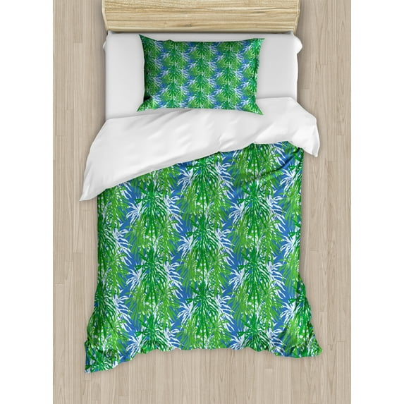 Tropical Duvet Cover Set, Vertically Designed Leaves Seaweed Greenery Summer Plantation, Decorative 2 Piece Bedding Set with 1 Pillow Shams, Twin Size, Azure Blue Green, by Ambesonne