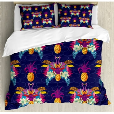 Tropical Duvet Cover Set, Vivid Tropical Seamless Pattern of Flamingos Flowers and Pineapples Art Print, Decorative 3 Piece Bedding Set with 2 Pillow Shams, Queen Size, Multicolor, by Ambesonne