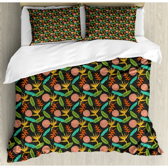 Tropical Duvet Cover Sets, Abstract Exotic Botany of Bird of Paradise Banana and Palm Leaves, Bedding Set with 2 Duvet Covers & 4 Pillowcases, 2 Pack King Size, Dark Grey and Multicolor, by Ambesonne