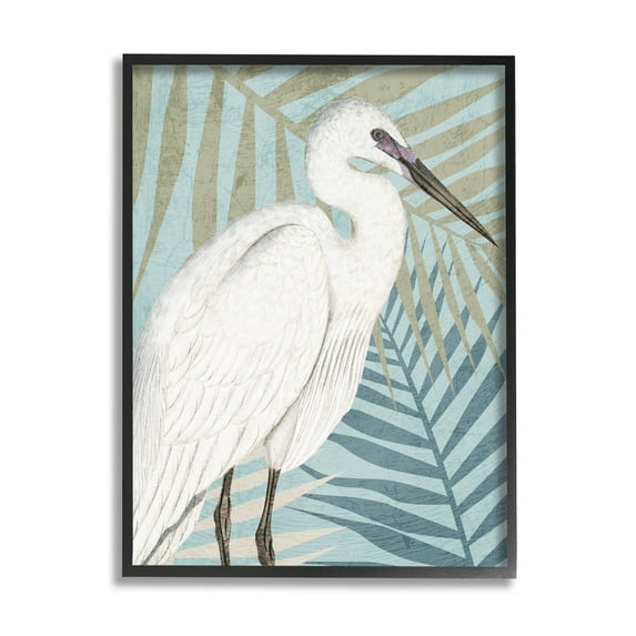 Tropical Egret Botanical Leaves Animals & Insects Graphic Art Black Framed Art Print Wall Art