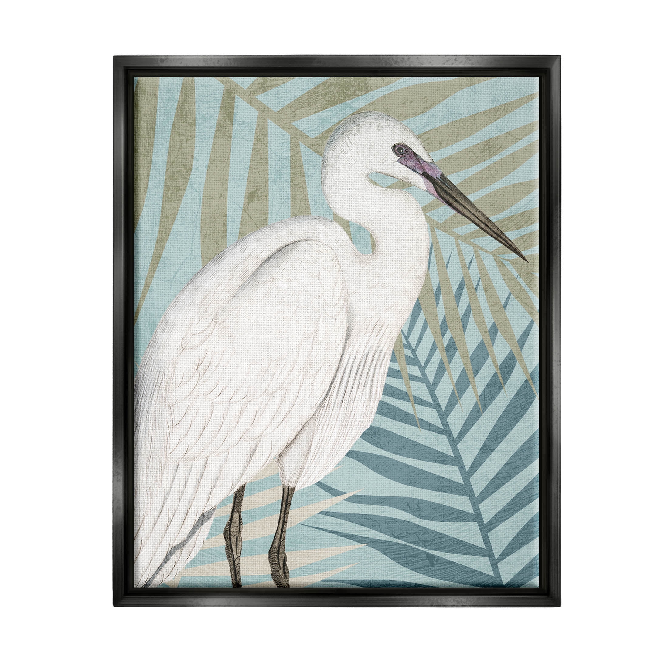 Tropical Egret Botanical Leaves Animals & Insects Graphic Art Jet Black Framed Art Print Wall Art