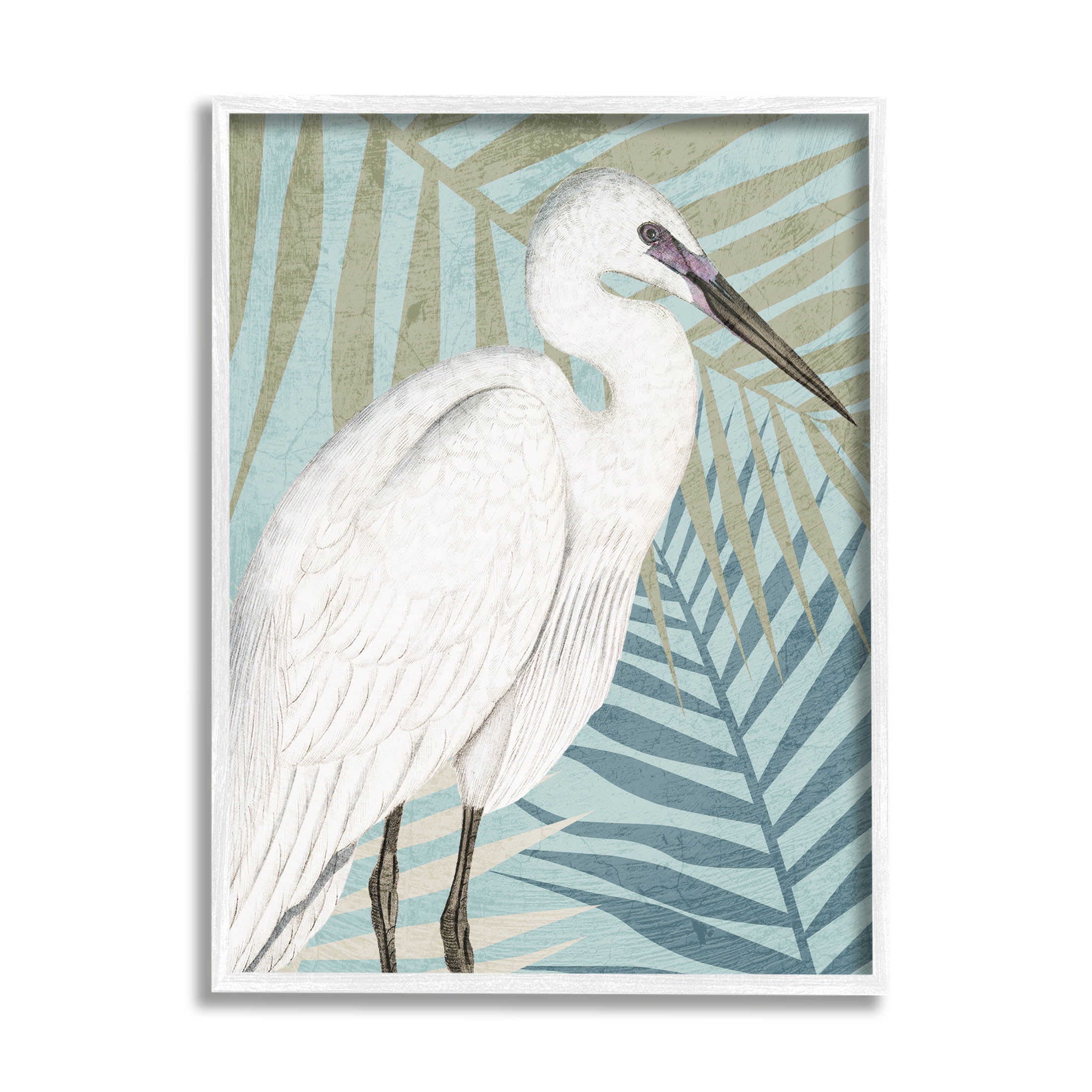 White Framed Tropical Egret Botanical Leaves Art Print