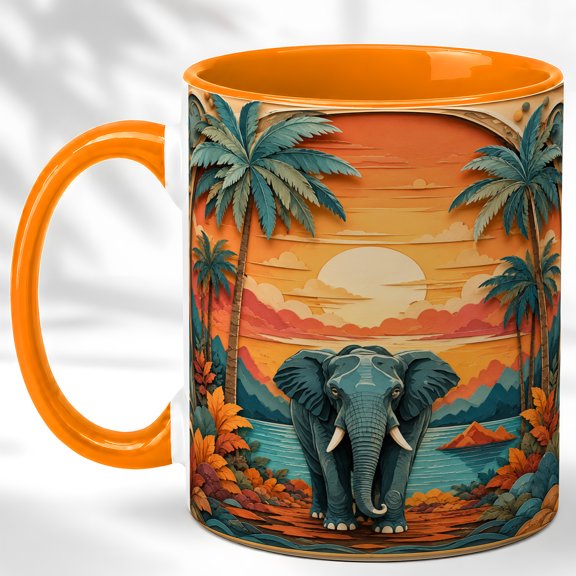 Tropical Elephant Coffee Mug, Sunset Safari Mug, Ceramic 11 oz
