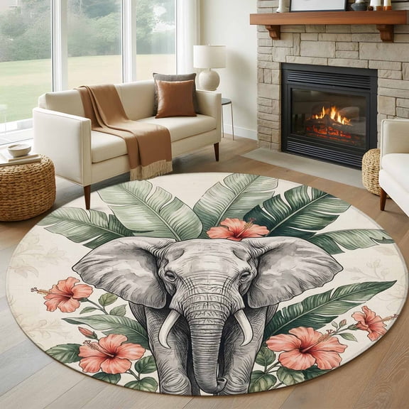 Tropical Elephant Round Rugs for Living Room 7ft Bohemian Jungle Animals Palm Leaf Flowers Non Slip Circle Rug Washable Low-Profile Indoor Carpet for Bedroom, Dining Room, Bathroom