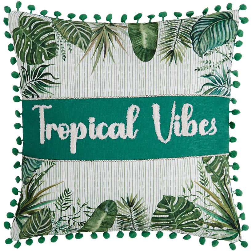 Tropical Vibes Green and White Embroidered Square Pillow