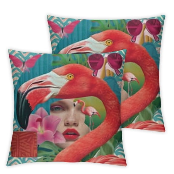 Tropical Emoji Decorative Throw Pillow Case  Art Monkey Face Flamingo Pineapple Monstera Leaf Lips Composition, Cushion Cover for Couch Living Room Car, Hot Pink Pale Seafoam