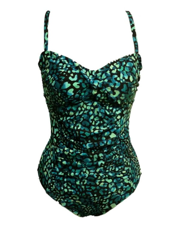 Womens Aqua Blue Black Animal Print Swim Suit Ruched Swimming 6