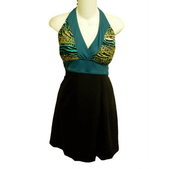 Tropical Escape Womens Black Green Banded Swimdress Swimming Suit Swim Dress 22