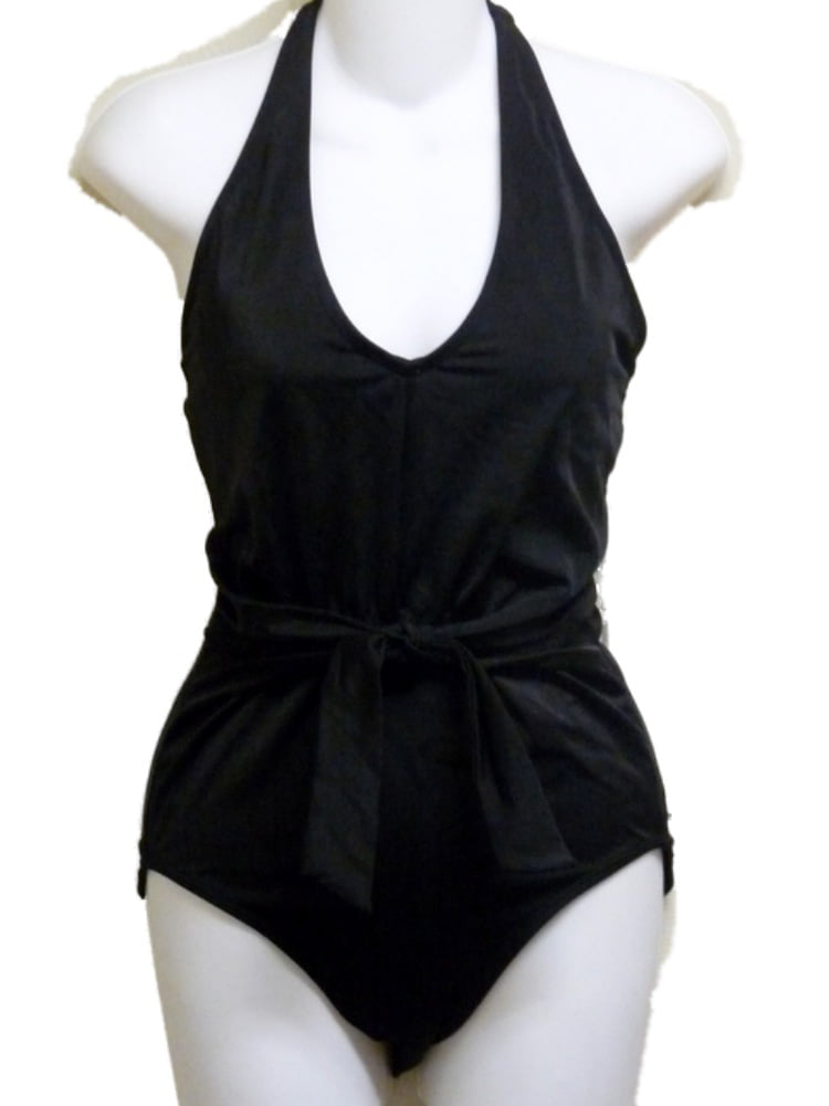 Tropical Escape Womens Black Halter 1 Piece Swimsuit Bathing Suit Size 14 