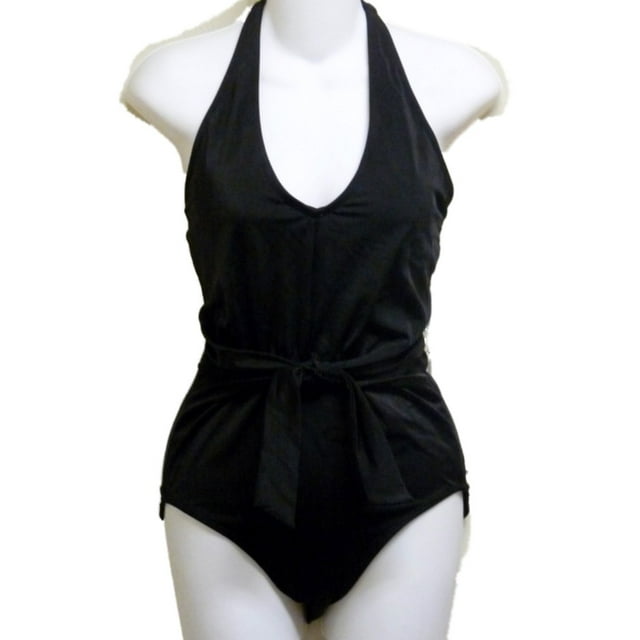 Tropical Escape Womens Black Halter 1 Piece Swimsuit Bathing Suit Size