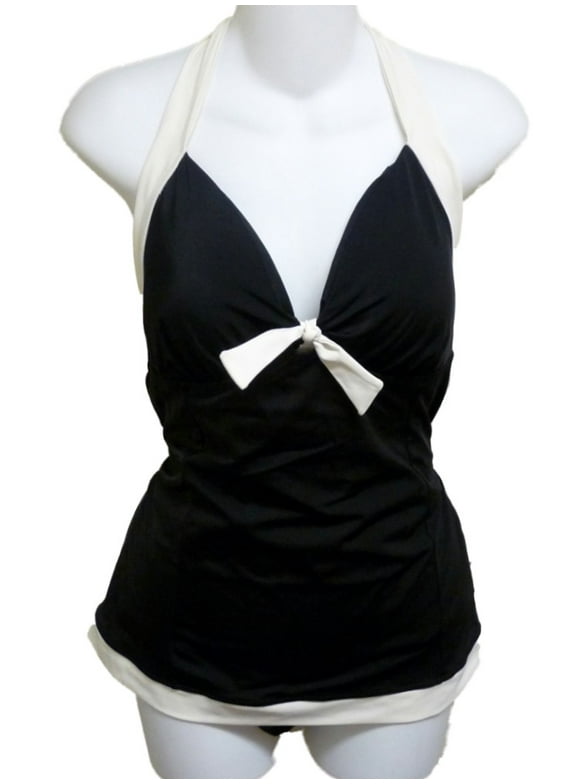 Womens Black Ivory Halter 1 Piece Swimsuit Tankini Swim Dress 18