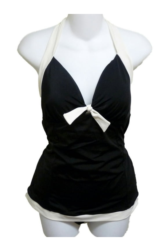 Womens Black Ivory Halter 1 Piece Swimsuit Tankini Swim Dress 18