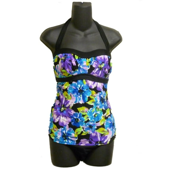 Tropical Escape Womens Black & Purple Halter 1 Piece Swimsuit Tankini Blouson 12