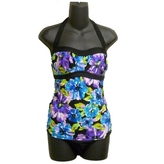 Tropical Escape Womens Black & Purple Halter 1 Piece Swimsuit Tankini Blouson 14