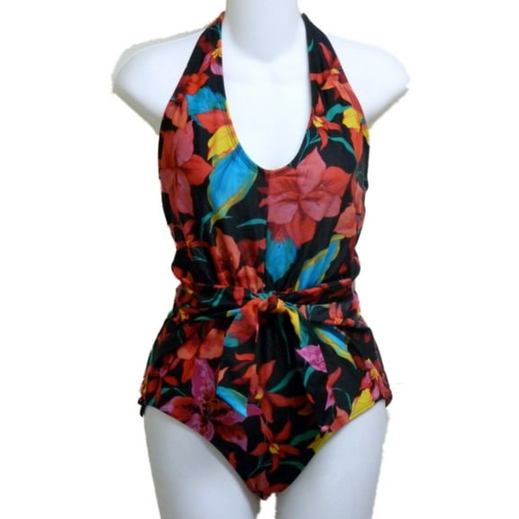 Tropical Escape Womens Black & Red Hawaiin Flower Halter 1 Piece Swimsuit 18