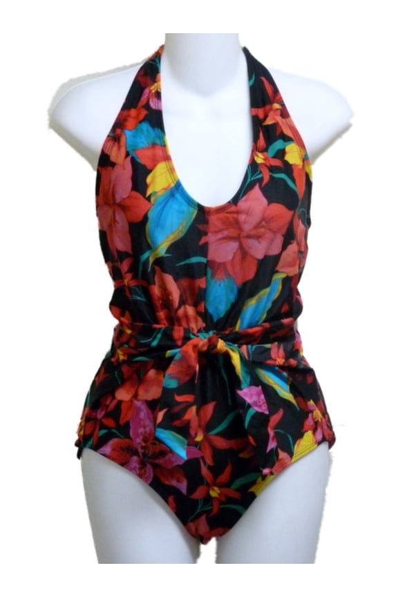 Womens Black & Red Hawaiin Flower Halter 1 Piece Swimsuit 18