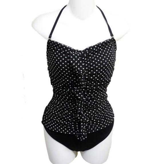 Tropical Escape Womens Black White Polka Dot Halter Swim Suit Ruched Swimming 10