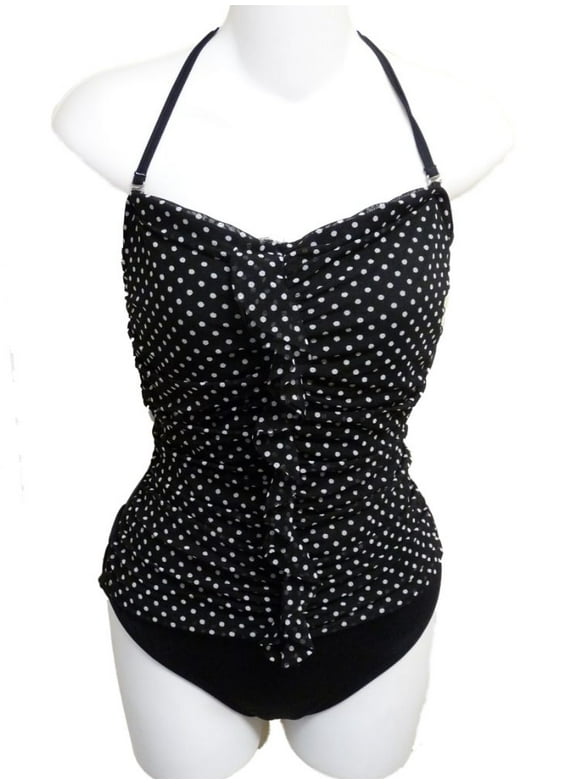Womens Black White Polka Dot Halter Swim Suit Ruched Swimming 10