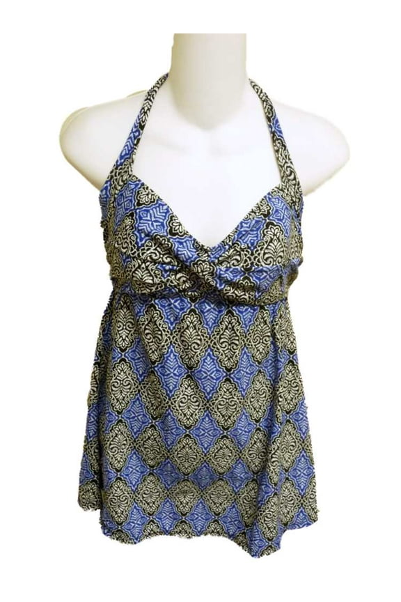 Womens Blue & Black Print Halter 1 Piece Swimsuit Swim Dress 6
