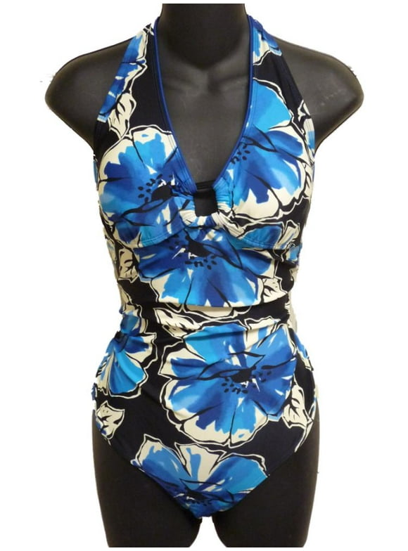 Womens Blue Tropical Floral Halter Swimsuit Bathing Suit 10