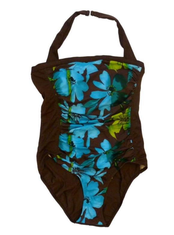 Womens Brown & Blue Floral Swim Suit Ruched Plus Swimming 24