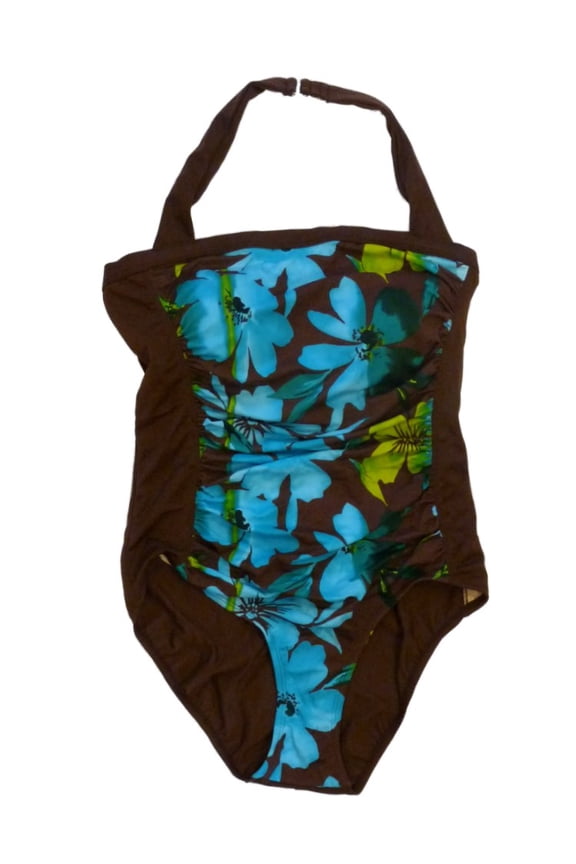 Womens Brown & Blue Floral Swim Suit Ruched Plus Swimming 24