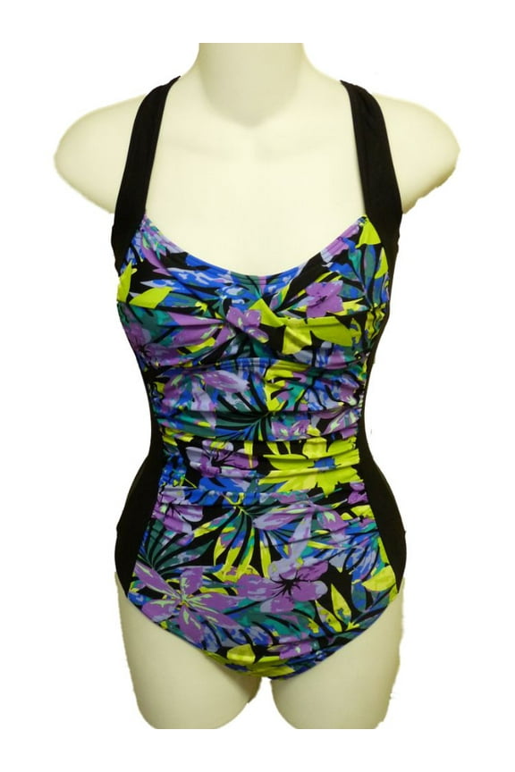 Womens Purple Tropical Print Swim Suit Ruched Swimming S