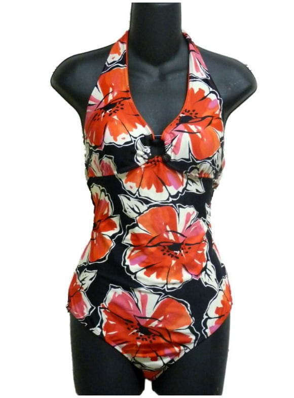 Womens Red Tropical Floral Halter Swimsuit Bathing Suit 14