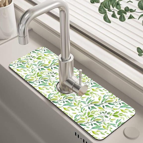 Tropical Eucalyptus Leaves Kitchen Sink Splash Guard Mat Absorbent Fast Drying Mat Faucet Draining Mat Sink Splash Guard Behind Faucet Drip Catcher for Kitchen Bathroom 5.5"×15"
