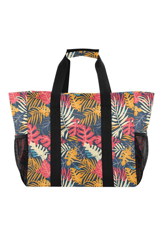 Tropical Exotic Leaves Reusable Grocery Bags with Handle Side Pocket Waterproof Shopping Portable Tote