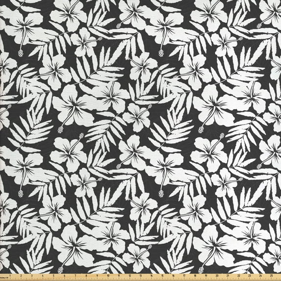 Ambesonne Tropical Fabric by the Yard Upholstery, Exotic Hibiscus Flower, 5 Yards, Grey and White