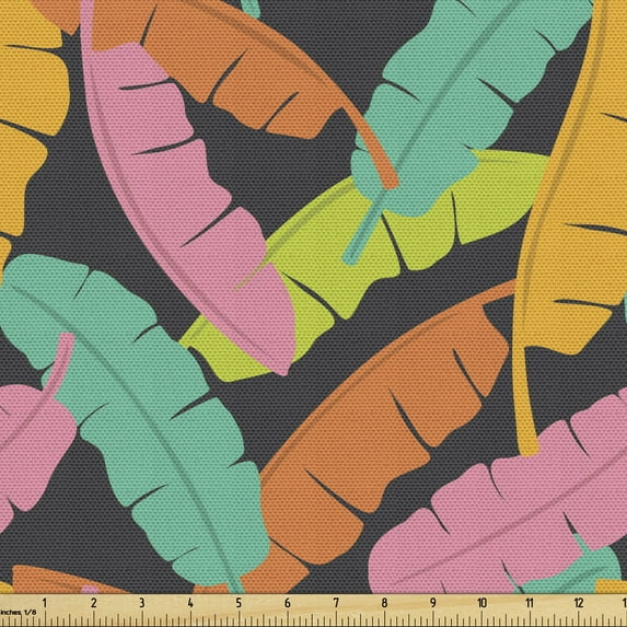 Tropical Fabric by the Yard, Banana Leaves in Different Colors on Dark Background Exotic Fruit Tree Jungle, Decorative Upholstery Fabric for Chairs & Home Accents, Multicolor by Ambesonne