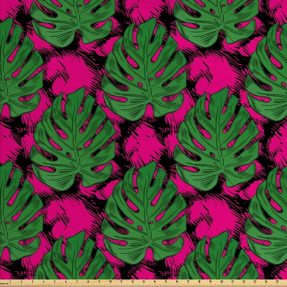 Ambesonne Tropical Fabric by the Yard Upholstery, Big and Detailed Leaves, 3 Yards, Hot Pink Fern Green