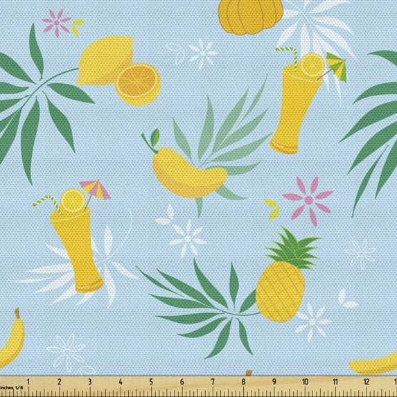 Tropical Fabric by the Yard, Composition of Fruits Smoothies Palm Leaves, Decorative Upholstery Fabric for Chairs & Home Accents, Pale Blue Mustard Green by Ambesonne