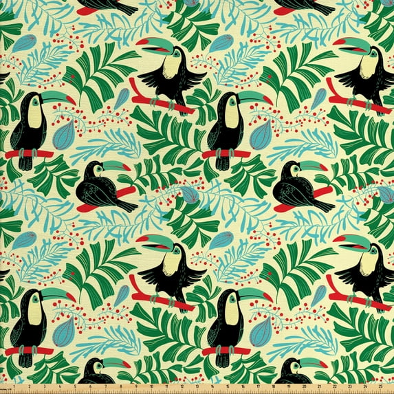 Ambesonne Tropical Fabric by the Yard Upholstery, Endemic Toucans Pinnate, 5 Yards, Pale Yellow Multicolor