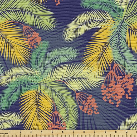 Ambesonne Tropical Fabric by the Yard Upholstery, Exotic Aloha Palm Leaves, 1 Yard, Indigo and Multicolor