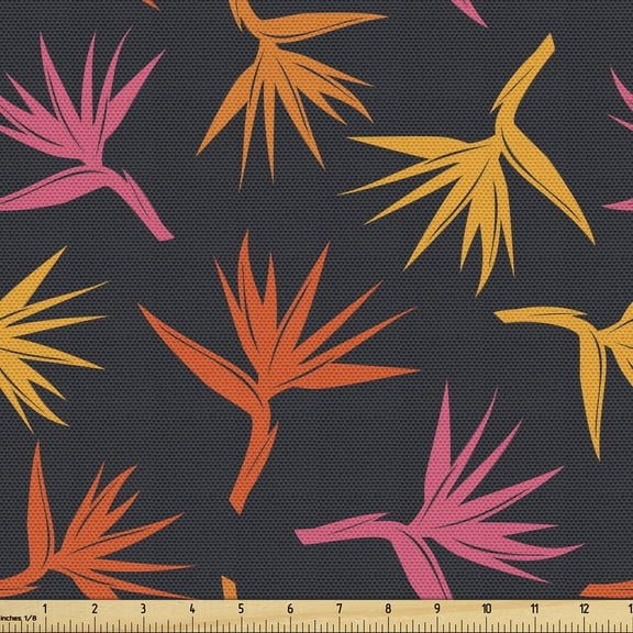 Ambesonne Tropical Fabric by the Yard Upholstery, Birds of Paradise Flower, 1 Yard, Dark Blue Orange