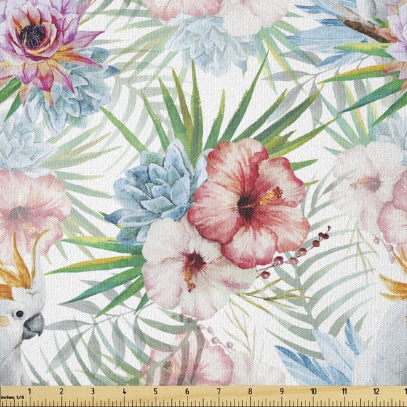 Tropical Fabric by The Yard, Exotic Hibiscuses and Parrots in Watercolors Hawaiian Flora and Fauna Composition, Stretch Knit Fabric for Clothing Sewing and Arts Crafts, 3 Yards, White Pink, Ambesonne