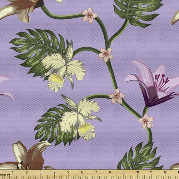 Tropical Fabric by the Yard, Exotic Lily and Hibiscus Blossoms with Monstera Leaves Botanical Flora Art, Upholstery Fabric for Dining Chairs Home Decor Accents, Lilac Multicolor by Ambesonne