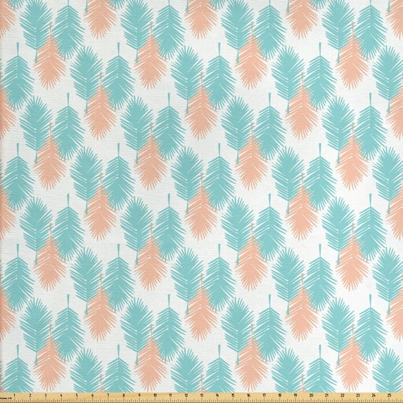 Ambesonne Tropical Fabric by the Yard Upholstery, Exotic Leaves Hawaiian, 5 Yards, Pale Blue Salmon