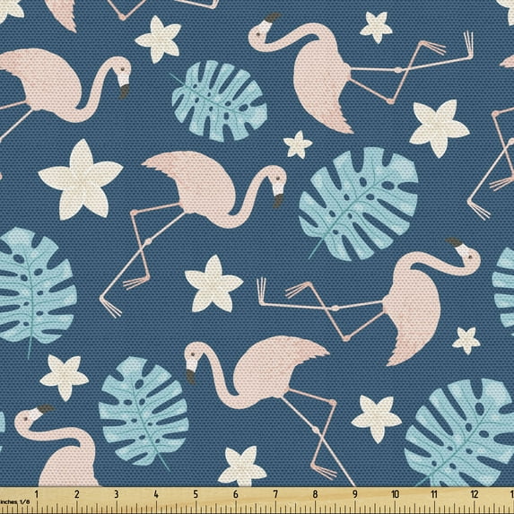 Ambesonne Tropical Fabric by the Yard Upholstery, Flamingos and Monsteras, 1 Yard, Blush and Night Blue