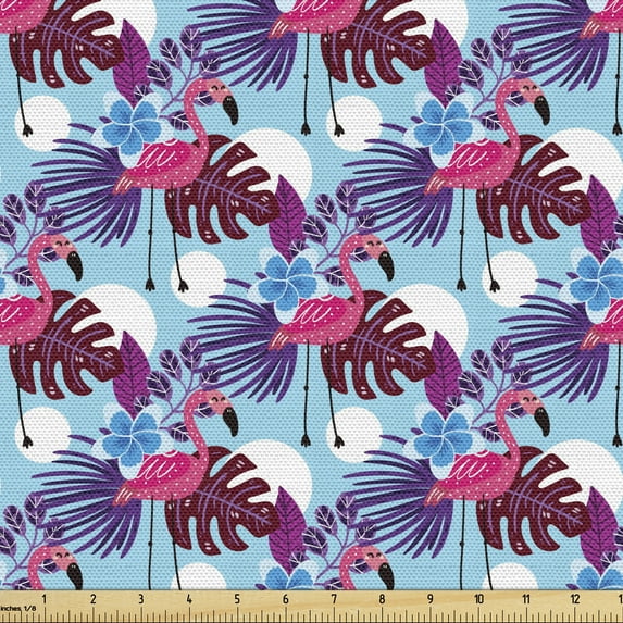 Tropical Fabric by the Yard, Exotic Plants Pattern with Flamingos and Polka Dots, Decorative Upholstery Fabric for Sofas and Home Accents, Multicolor by Ambesonne