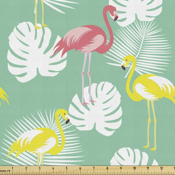 Ambesonne Tropical Fabric by the Yard Upholstery, Flamingos and Leaves Motif, 1 Yard, Seafoam Coral and Yellow