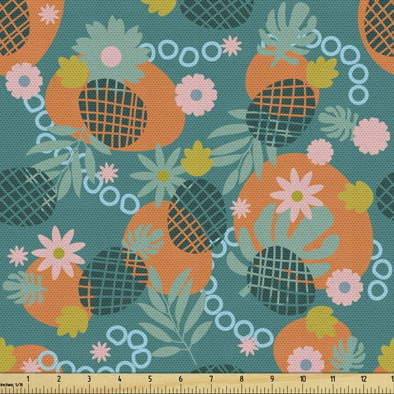 Ambesonne Tropical Fabric by the Yard Upholstery, Abstract Monstera Leaves, 2 Yards, Teal Marigold