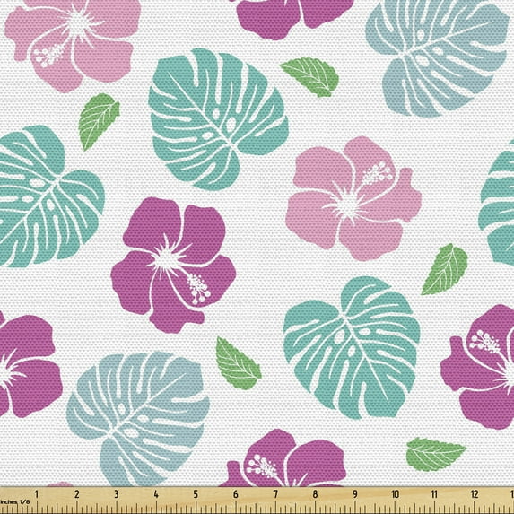 Ambesonne Tropical Fabric by the Yard Upholstery, Flowers Garden Art, 1 Yard, Pink Turquoise