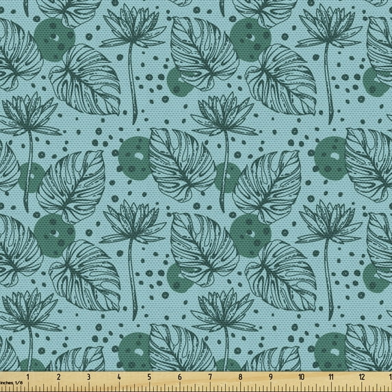 Tropical Fabric by the Yard, Forest Concept of Lotus Flowers and Monstera Leaves Hand Drawn Like Dots, Decorative Upholstery Fabric for Chairs & Home Accents, Forest Green Seafoam by Ambesonne