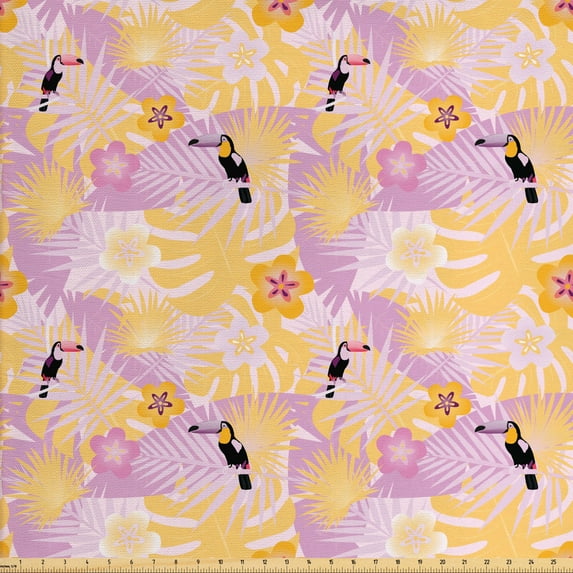 Tropical Fabric by the Yard, Girls Pattern Inspired by Hawaiian Jungles with Parrots, Decorative Upholstery Fabric for Sofas and Home Accents, Marigold Pale Pink by Ambesonne